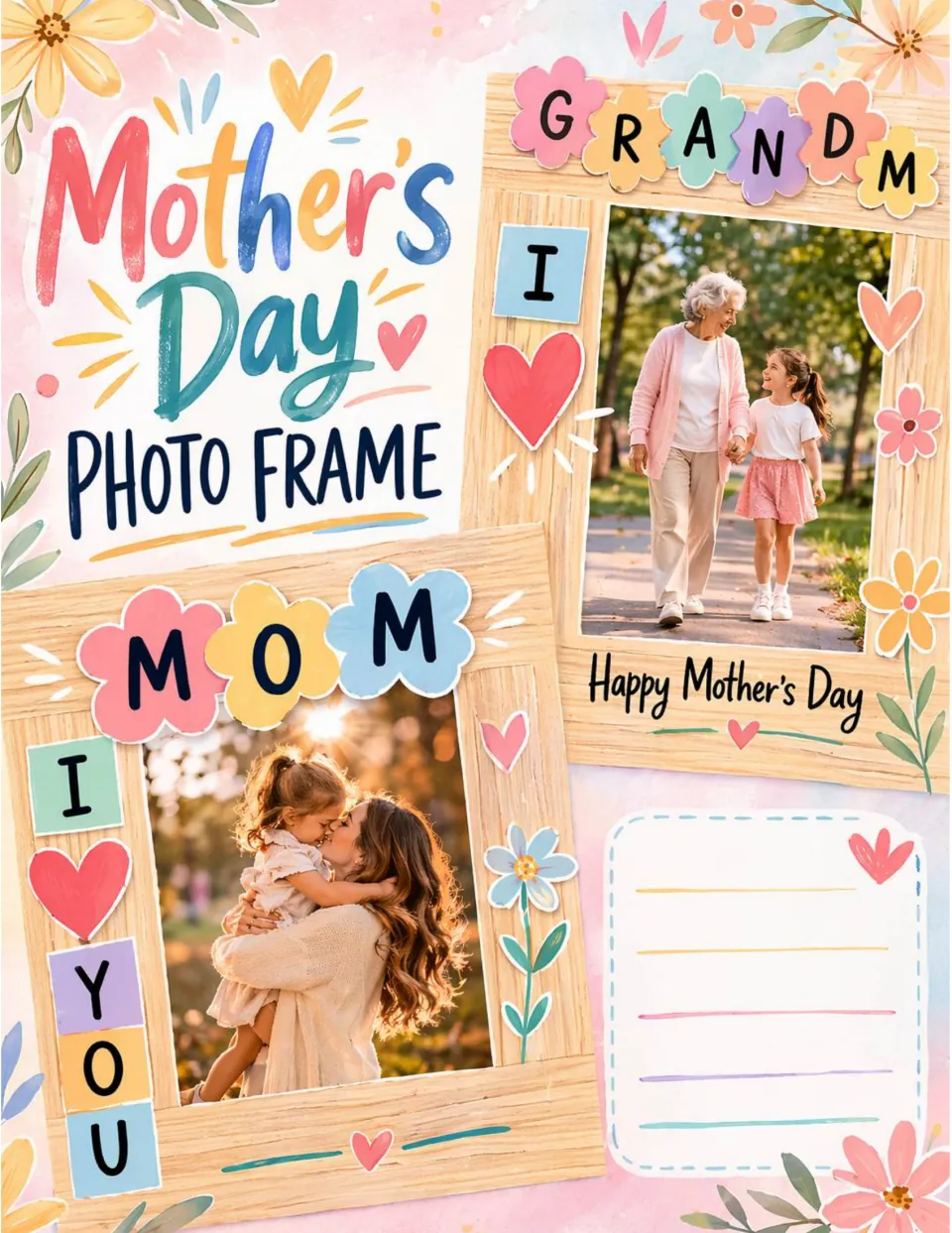 Mother's Day Photo Frame cover: sample wood frames reading MOM, GRANDMA and I love you, plus a lined note card