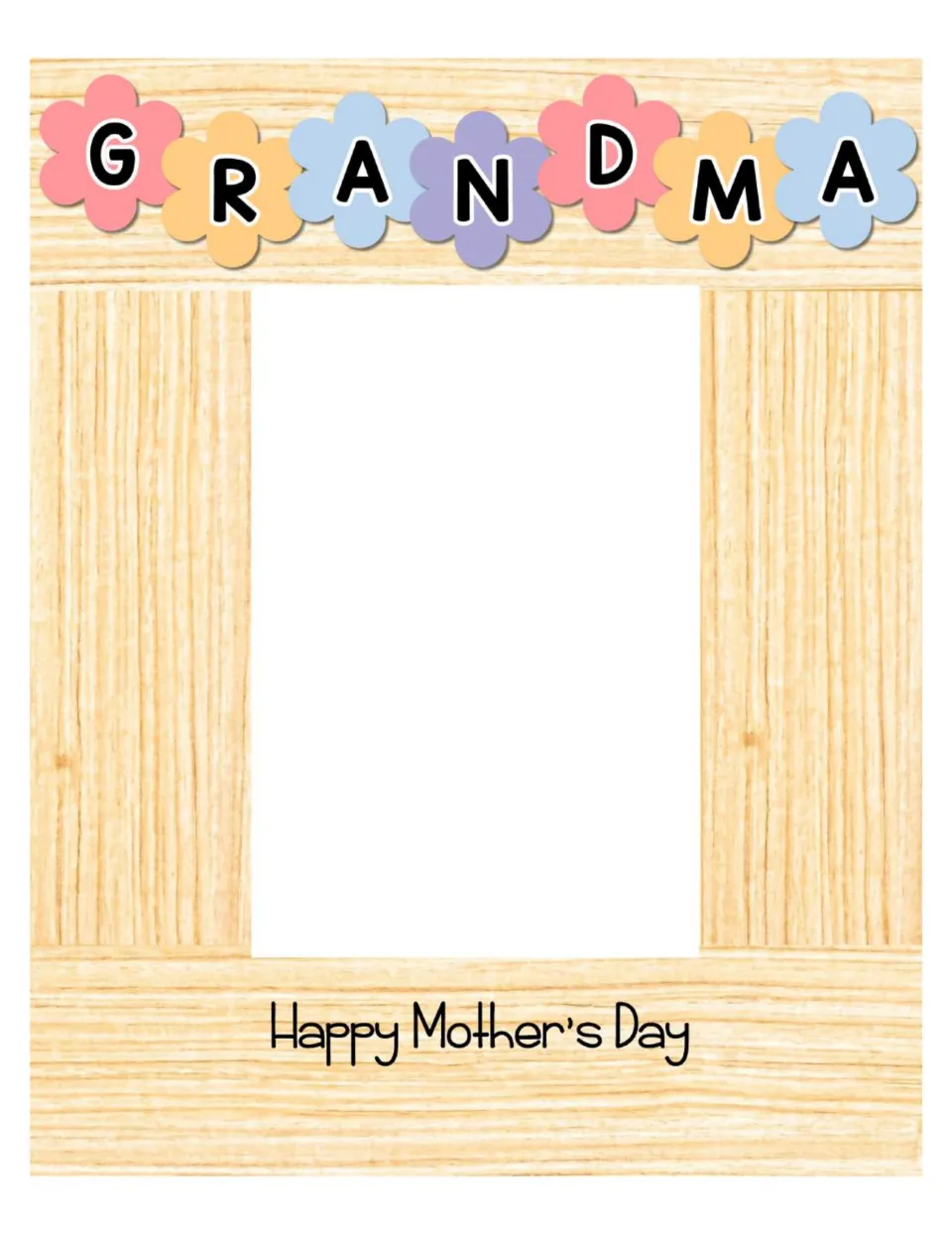 GRANDMA photo frame: letters on flowers spell GRANDMA above the opening, where children glue a photo or draw their grandma