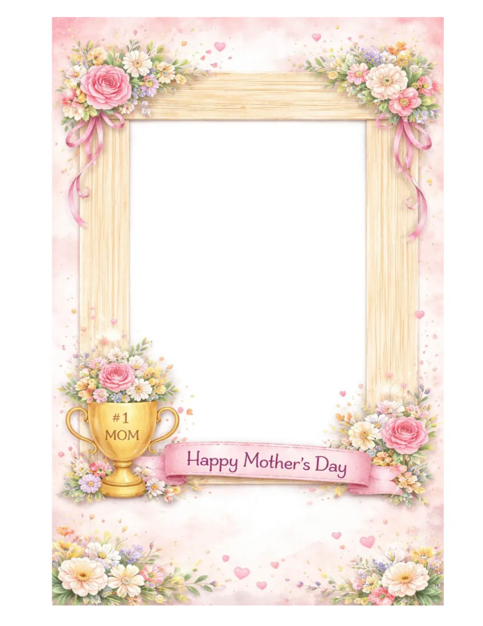 Floral Happy Mother's Day photo frame with roses, ribbons and a #1 MOM trophy; children place a photo or drawing inside