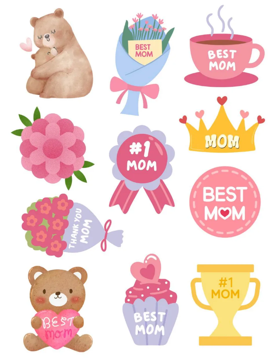 Mother's Day cut-outs: 11 pictures to cut and glue, incl. BEST MOM teacup and cupcake, #1 MOM trophy, MOM crown and bears