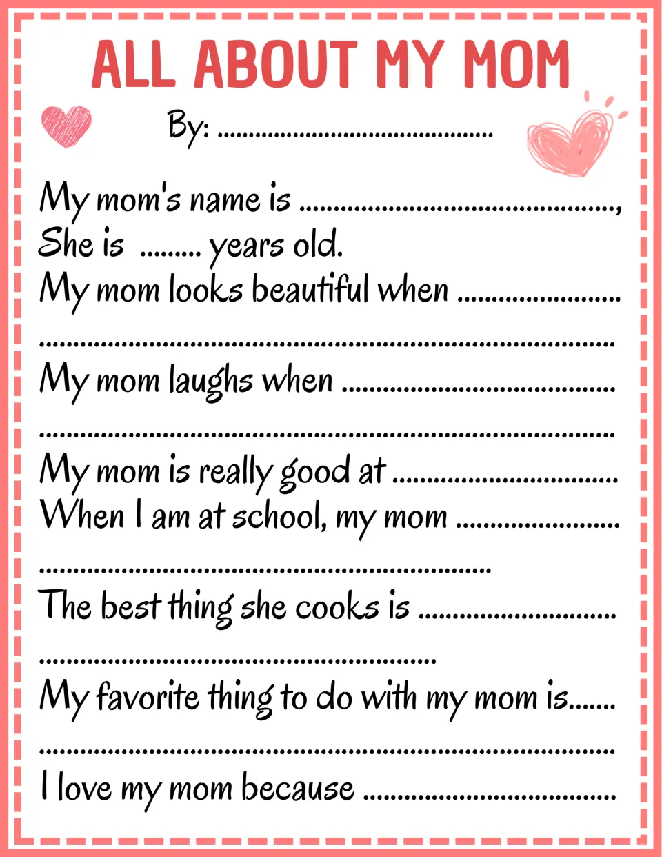 Mother’s Day questionnaire 1: Mom’s name, age, talents, cooking, shared activities, and reasons she is loved.