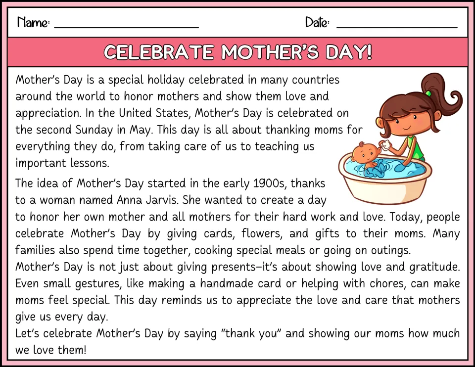 Color reading passage about Mother’s Day, its U.S. date, Anna Jarvis, and ways families show appreciation.
