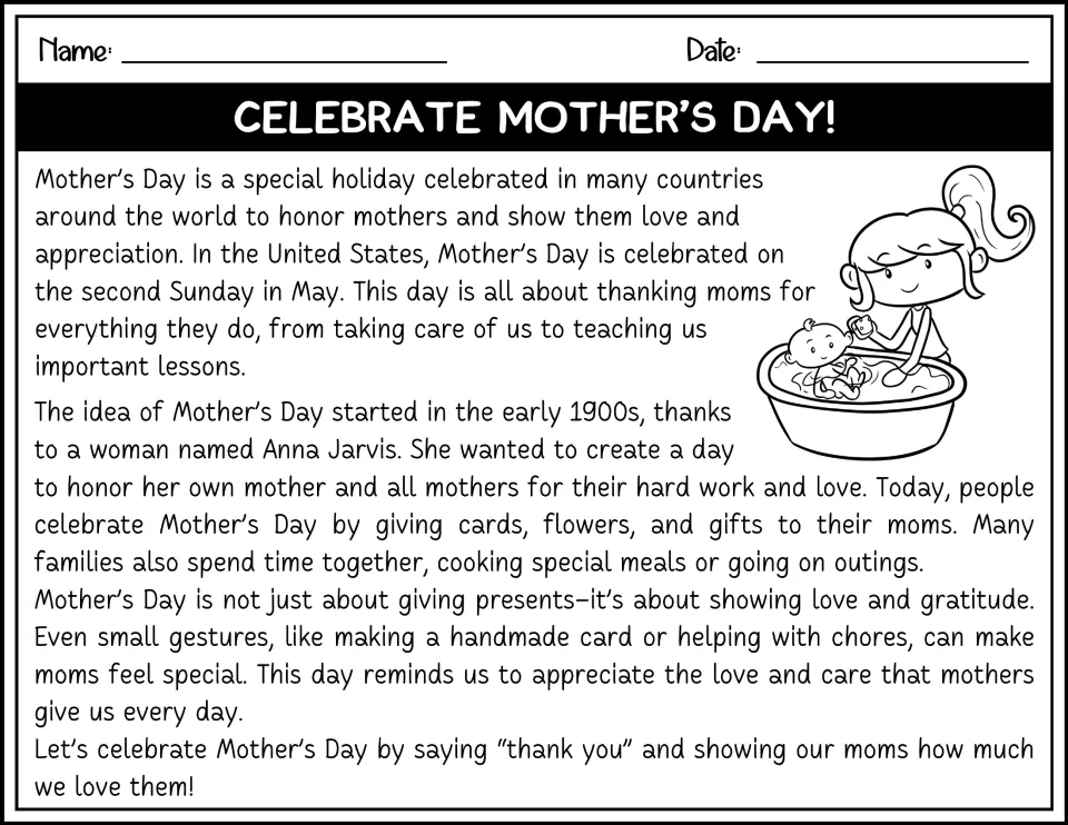 Black-and-white reading passage about Mother’s Day, Anna Jarvis, and showing mothers love and gratitude.