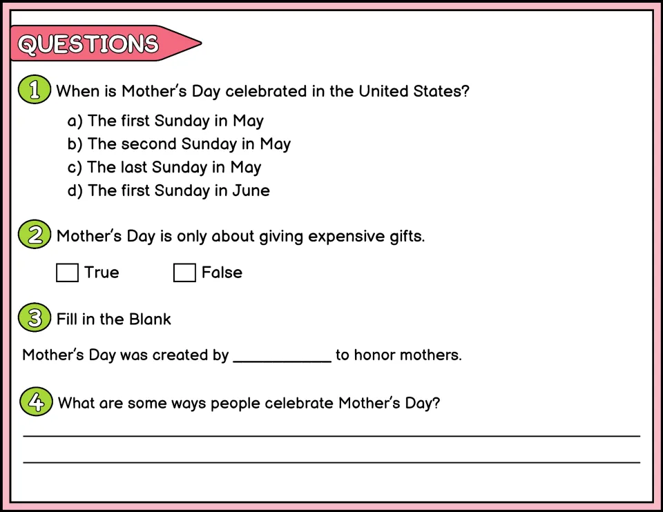 Color questions 1–4 on the Mother’s Day passage: U.S. date, expensive gifts, founder, and celebrations.