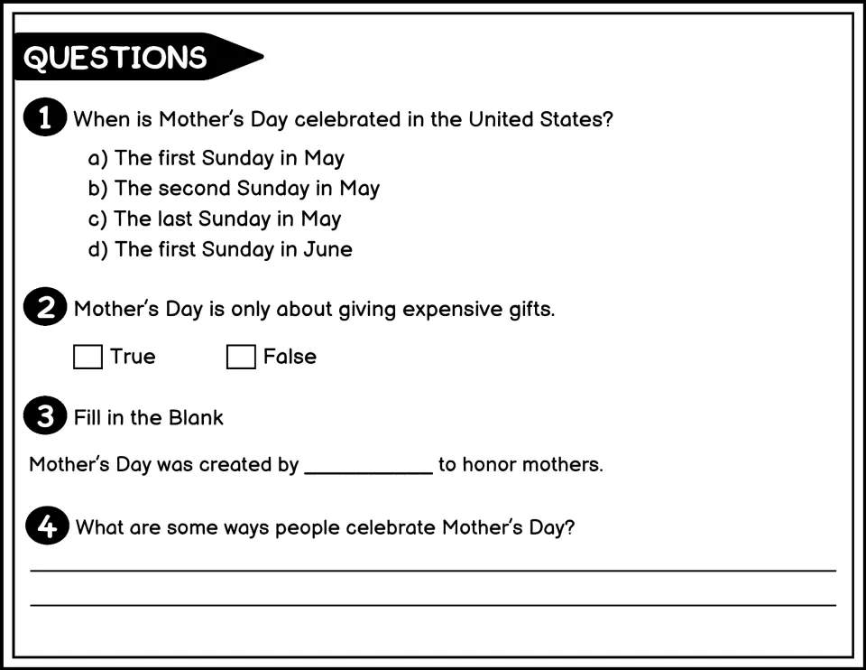 Black-and-white questions 1–4 on Mother’s Day: its U.S. date, gifts, founder, and ways people celebrate.