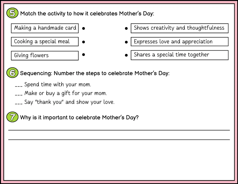 Color questions 5–7: match Mother’s Day activities, sequence celebration steps, and explain its importance.
