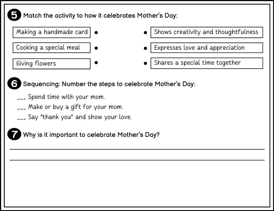 Black-and-white questions 5–7: match Mother’s Day activities, order celebration steps, and explain its importance.