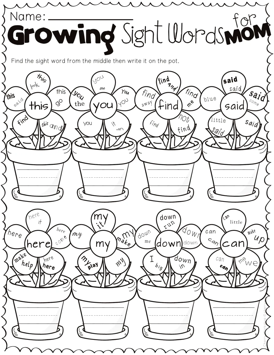Growing Sight Words for Mom: students find each center word, like this or said, in the petals and write it on the pot