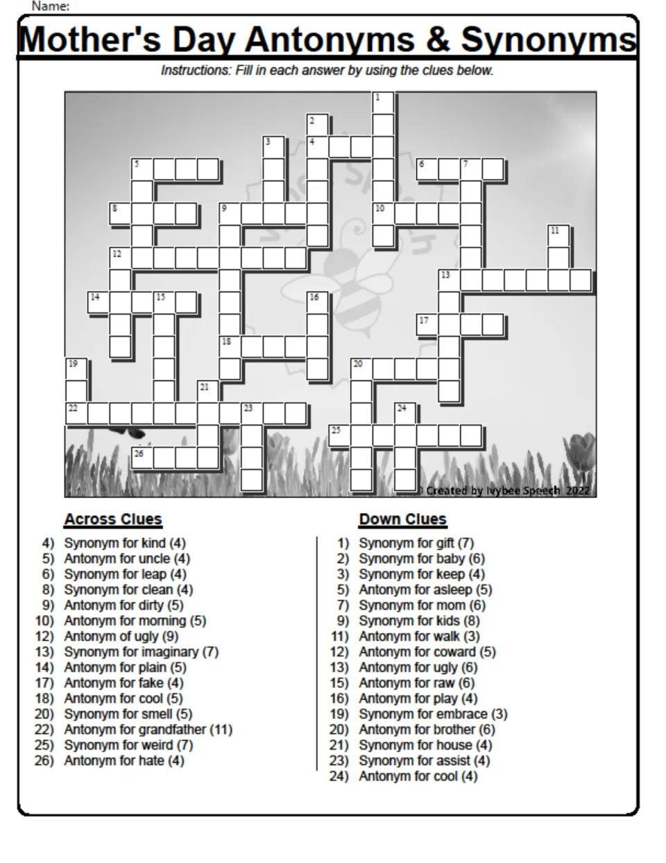 Mother's Day crossword: students solve 31 synonym and antonym clues such as synonym for kind and antonym for uncle