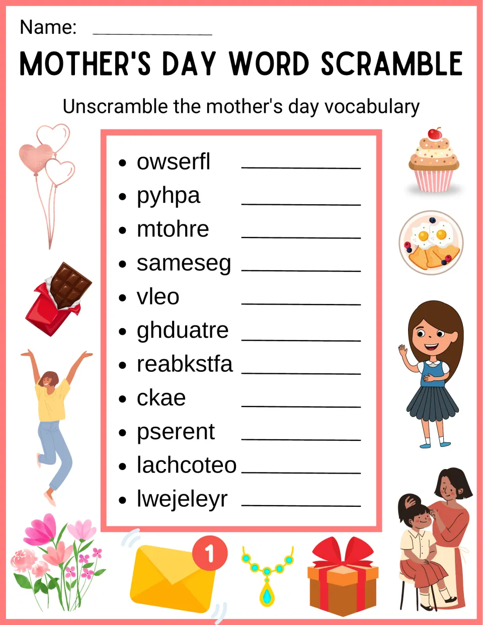 Second set of scrambled holiday words, including owserfl, mtohre, ghduatre and lachcoteo, for students to unscramble