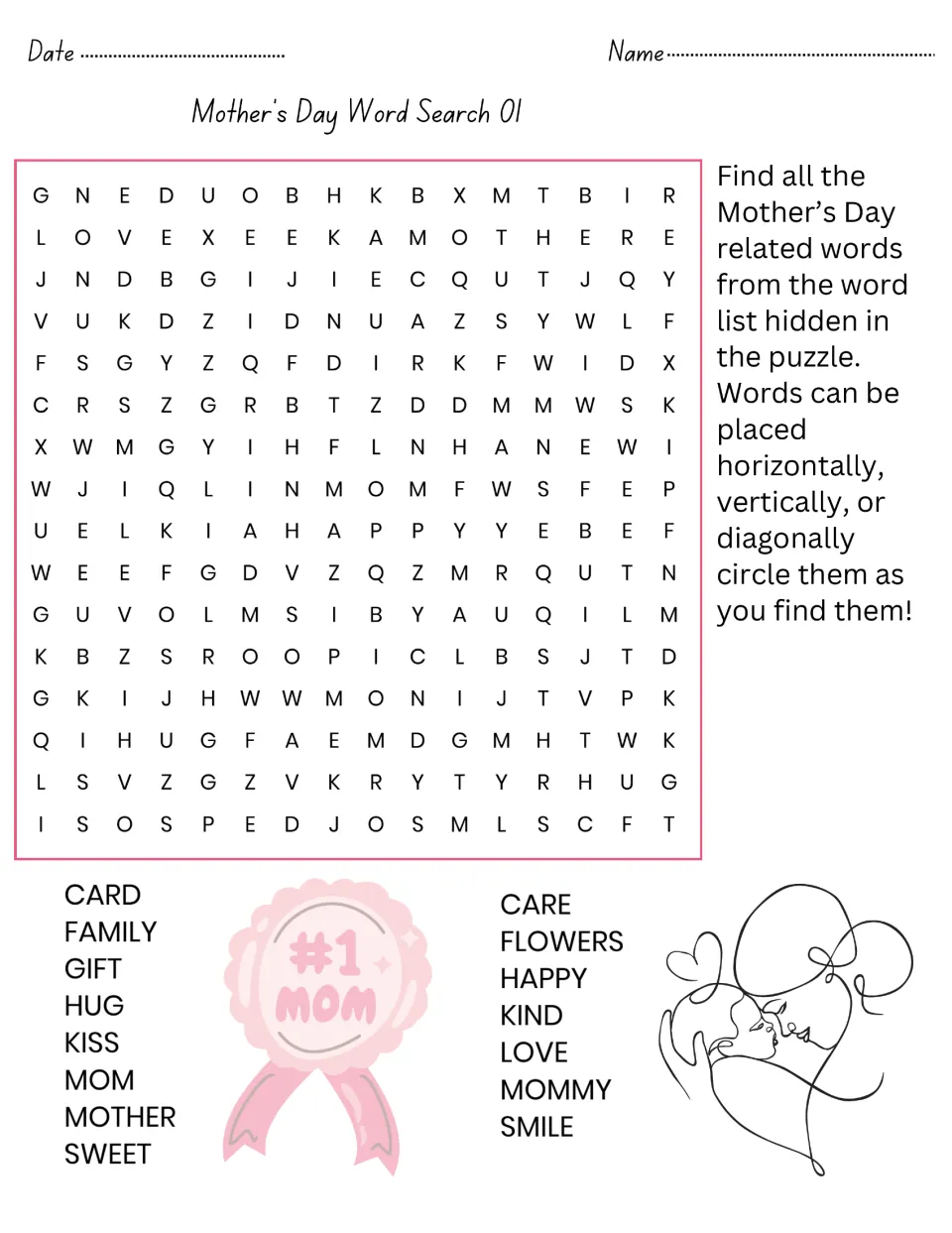 Mother's Day Word Search 01: students find and circle 15 words like card, family, hug, flowers and smile