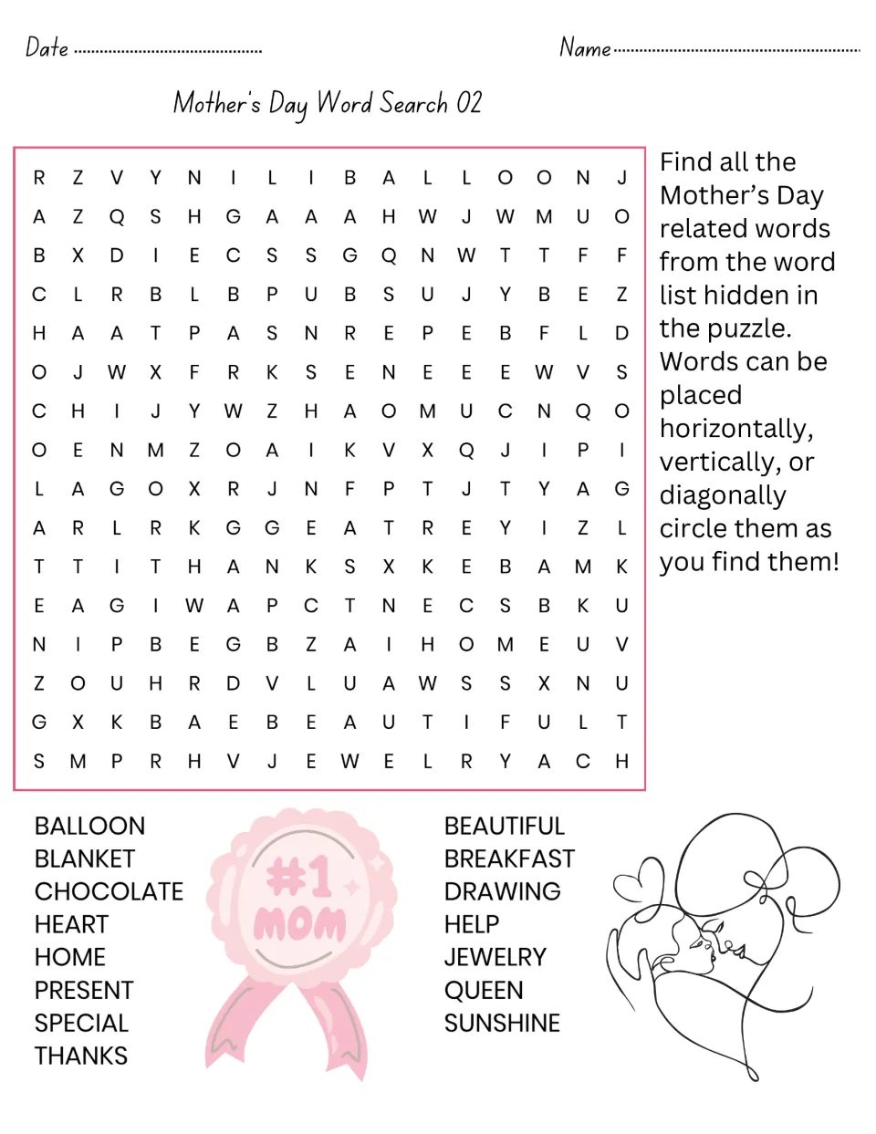 Mother's Day Word Search 02: students circle 15 hidden words such as balloon, chocolate, breakfast, queen and sunshine