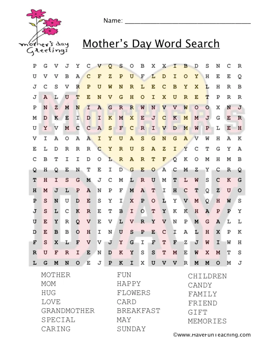 Mother's Day vocabulary puzzle: students find 20 words like mother, hug, flowers and memories hidden among the letters
