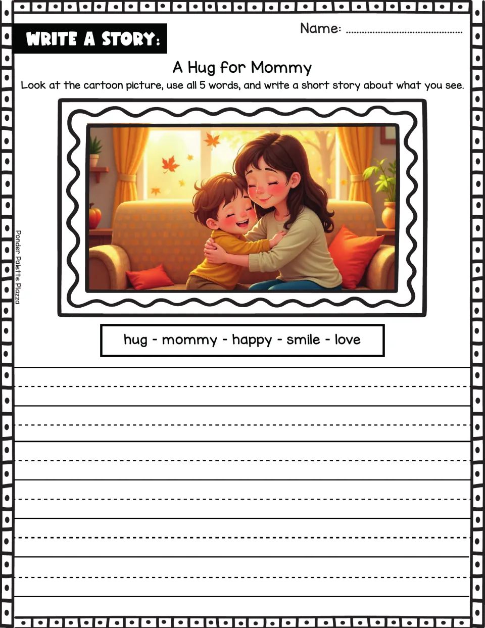 A Hug for Mommy story prompt: a child hugs Mom on a couch; use hug, mommy, happy, smile, and love.