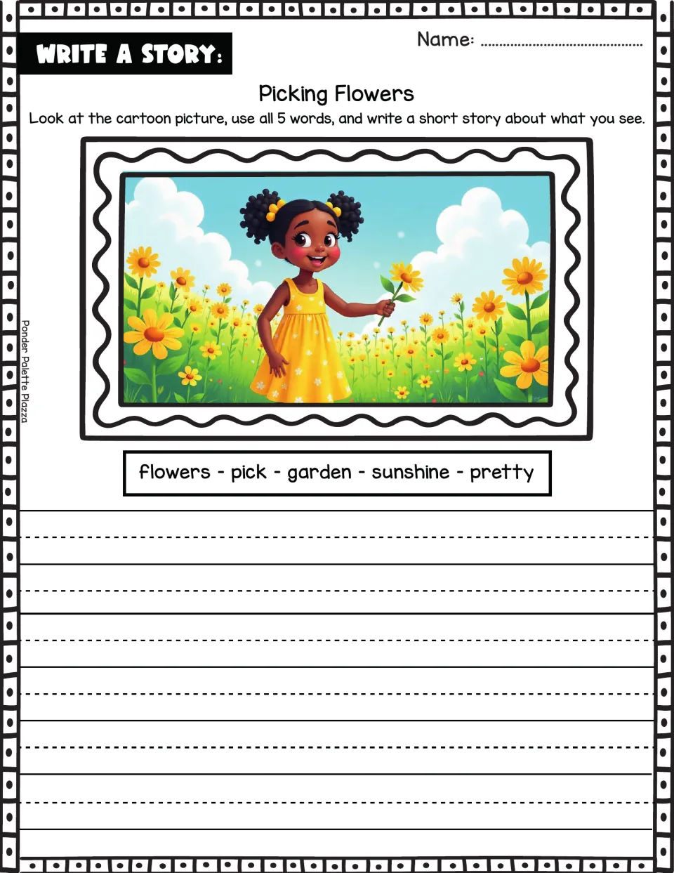 Picking Flowers story prompt: a child holds a flower; use flowers, pick, garden, sunshine, and pretty.