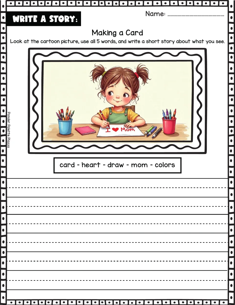 Making a Card story prompt: a child draws a card for Mom; use card, heart, draw, mom, and colors.