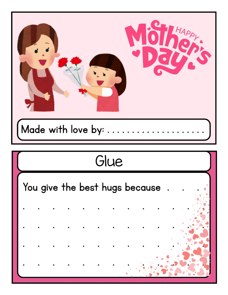 Mother's Day writing card 1 of 10: 'You give the best hugs because' prompt, cover, and glue tab.