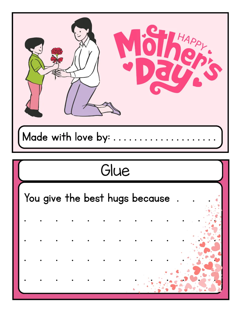 Mother's Day writing card 2 of 10: 'You give the best hugs because' prompt, cover, and glue tab.