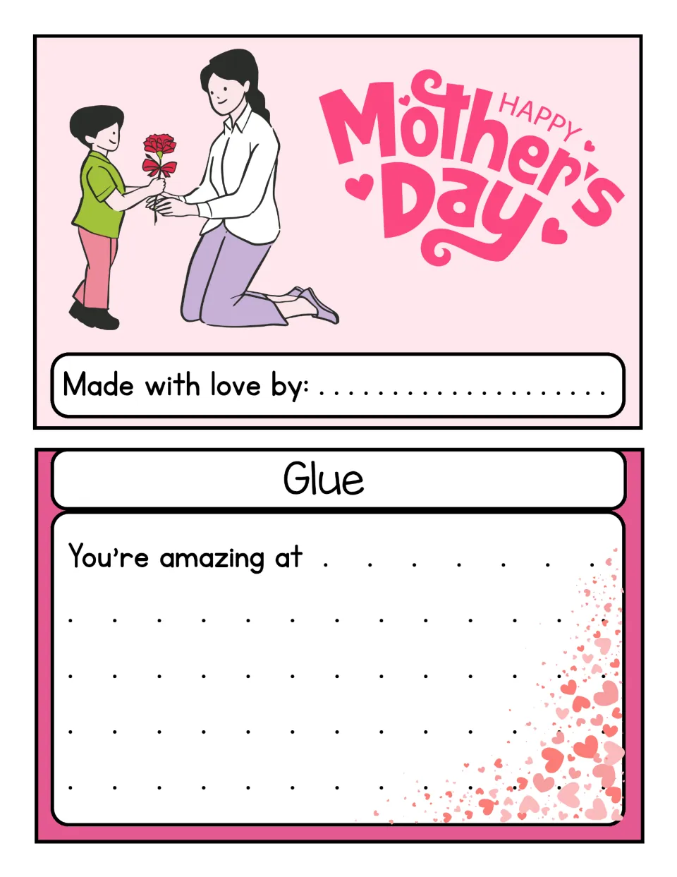 Mother's Day writing card 6 of 10: 'You're amazing at' prompt, a cover to sign, and a glue tab.