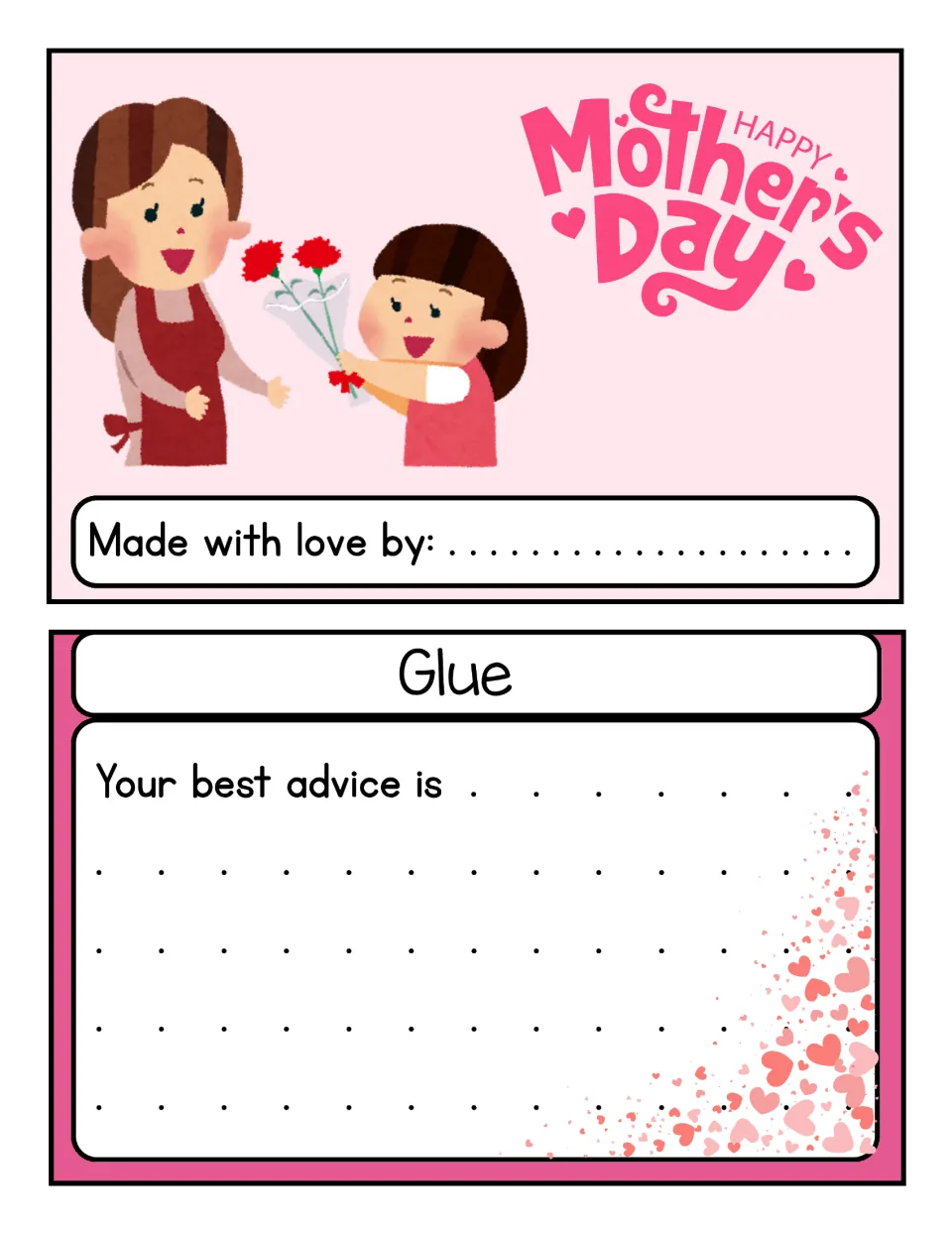 Mother's Day writing card 7 of 10: 'Your best advice is' prompt, a cover to sign, and a glue tab.