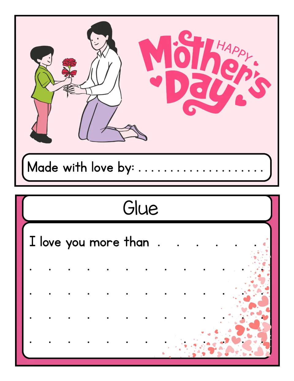 Mother's Day writing card 10 of 10: 'I love you more than' prompt, a cover to sign, and a glue tab.