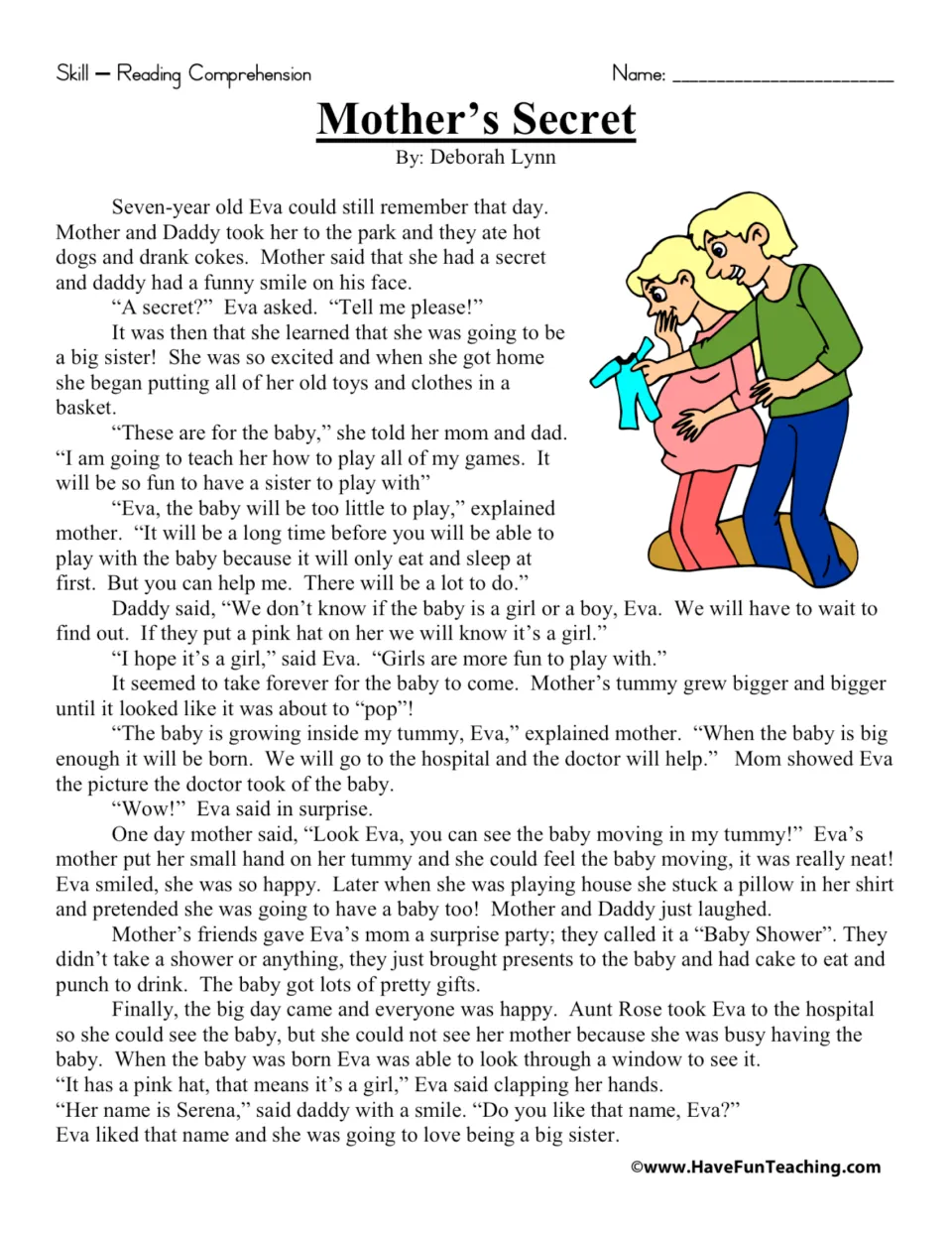 Mother's Secret story: students read about Eva learning she will be a big sister, with a picture of her expecting parents