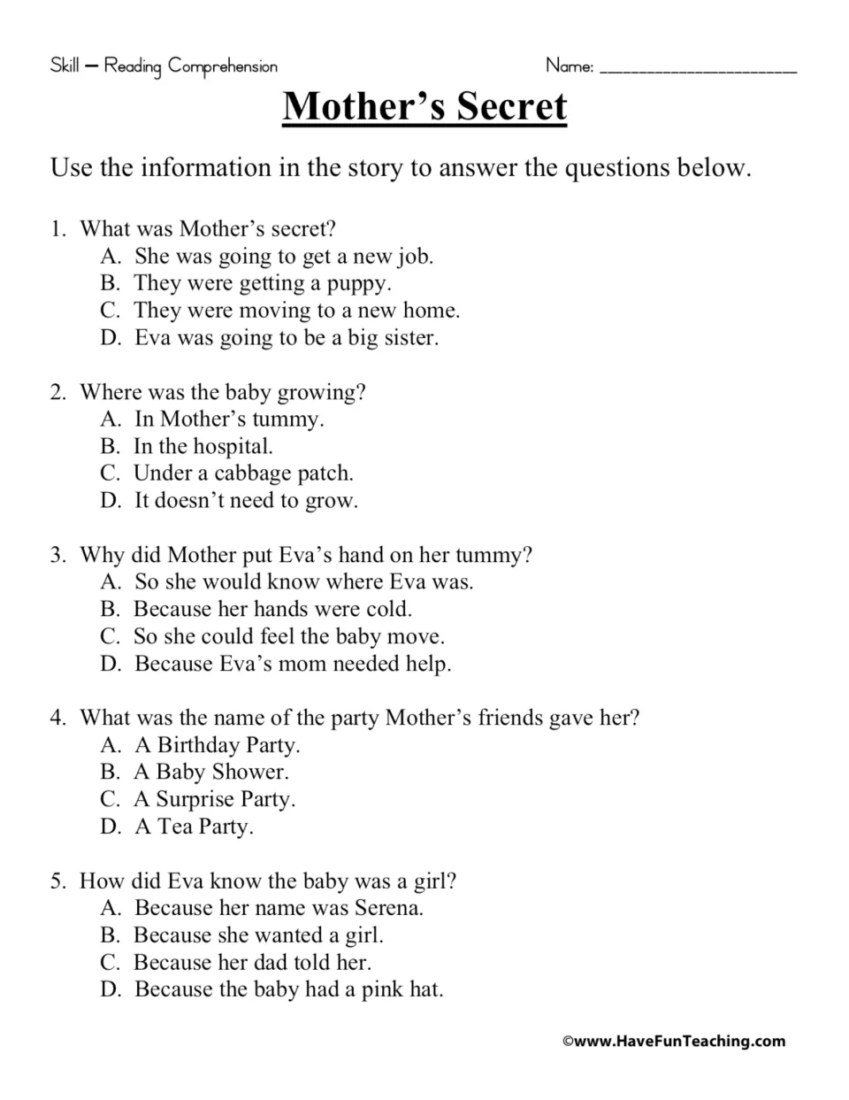 Reading comprehension quiz: students answer 5 multiple-choice questions about Eva's story, from the secret to the pink hat