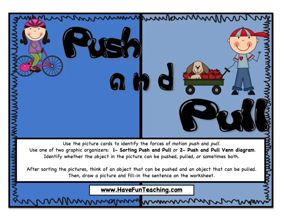 Push and Pull activity cover with directions to sort picture cards, then draw and write examples of each force