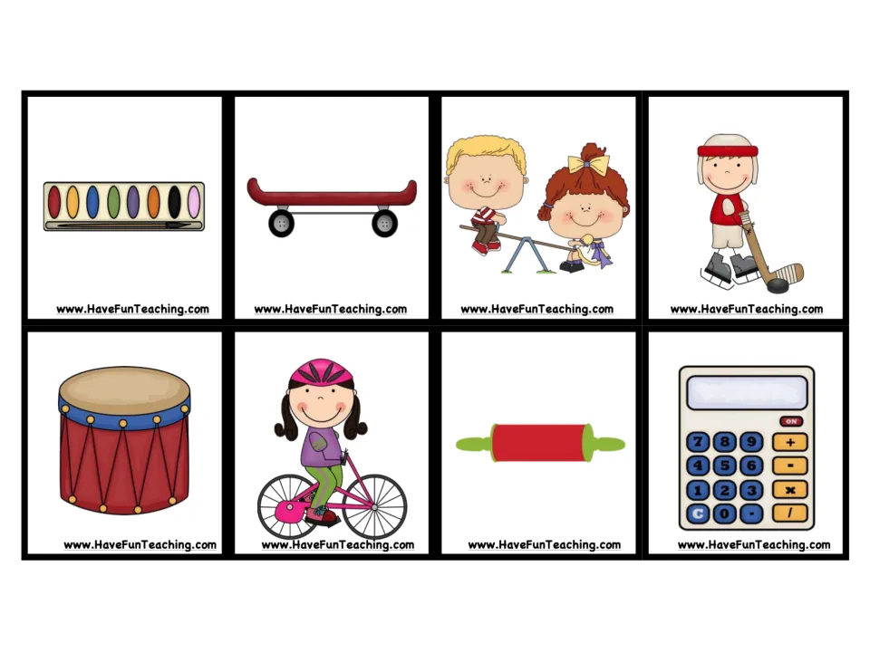 Push-and-pull picture cards 1–8: paints, skateboard, seesaw, hockey player, drum, bicycle, rolling pin, calculator