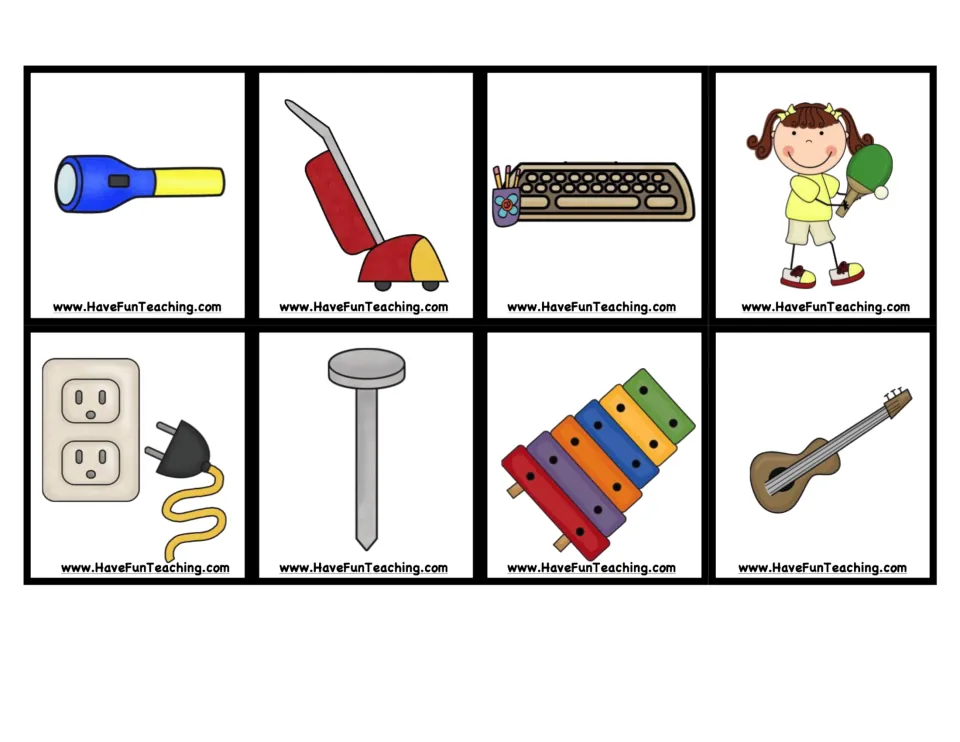 Push-and-pull picture cards 9–16: flashlight, vacuum, keyboard, paddleball player, plug, nail, xylophone, guitar
