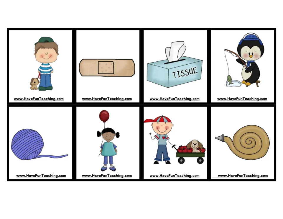 Push-and-pull picture cards 17–24: dog on a leash, bandage, tissues, fishing, yarn, balloon, wagon, and hose