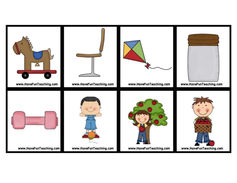 Push-and-pull picture cards 25–32: toy horse, chair, kite, jar, dumbbell, ball, apple picking, and basket