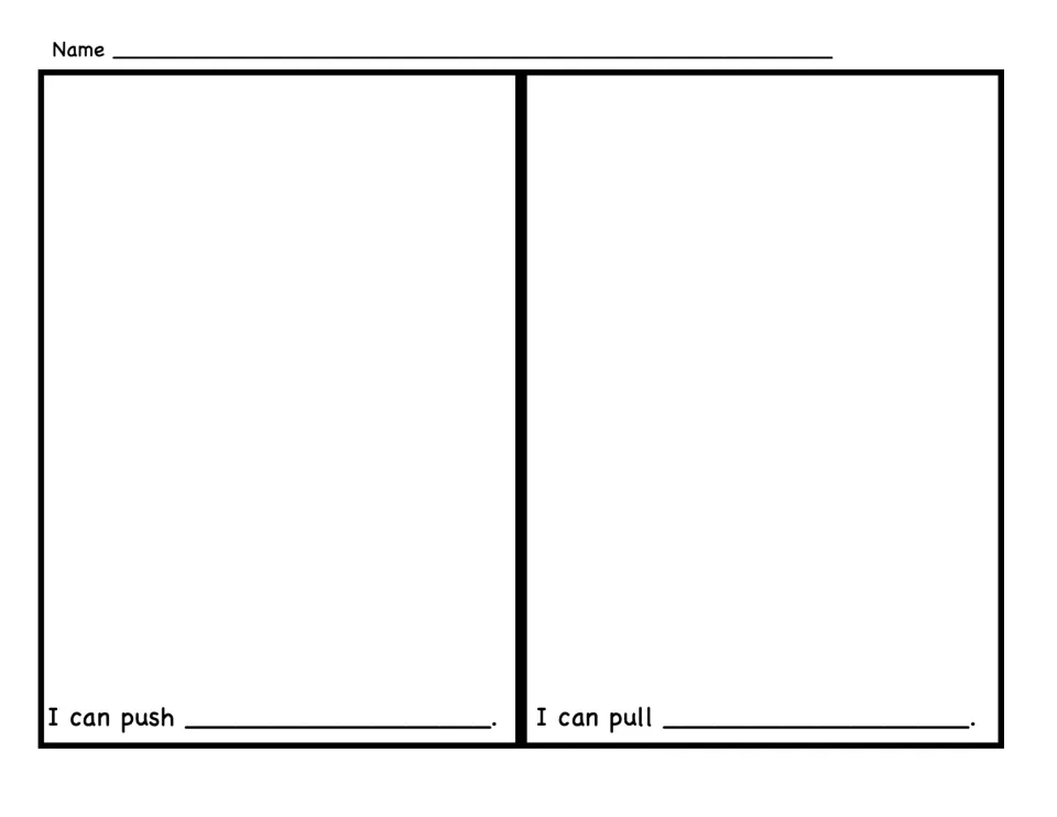 Push-and-pull response worksheet for drawing examples and completing the sentences I can push and I can pull