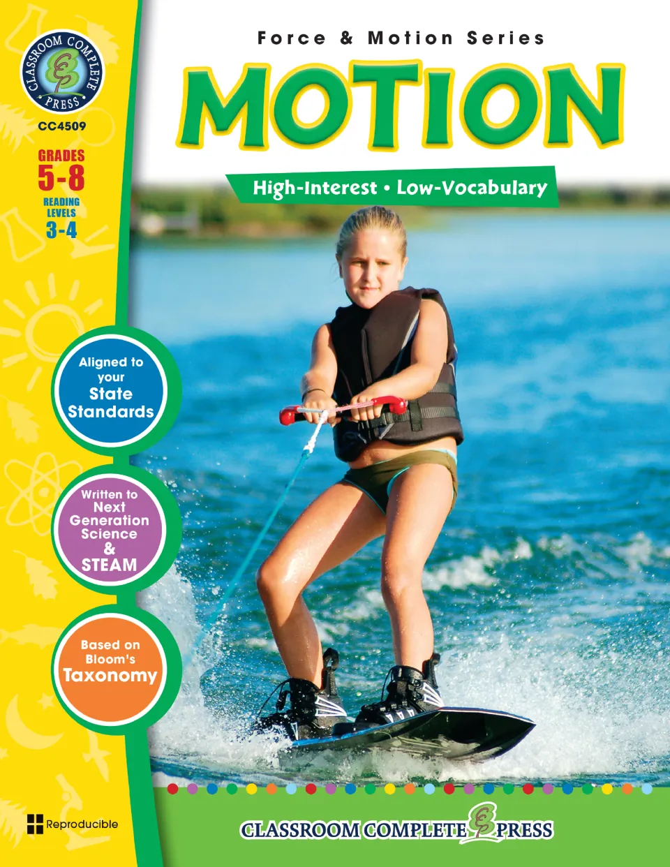 Cover of the motion science resource for grades 5–8, labeled high-interest, low-vocabulary, reading levels 3–4