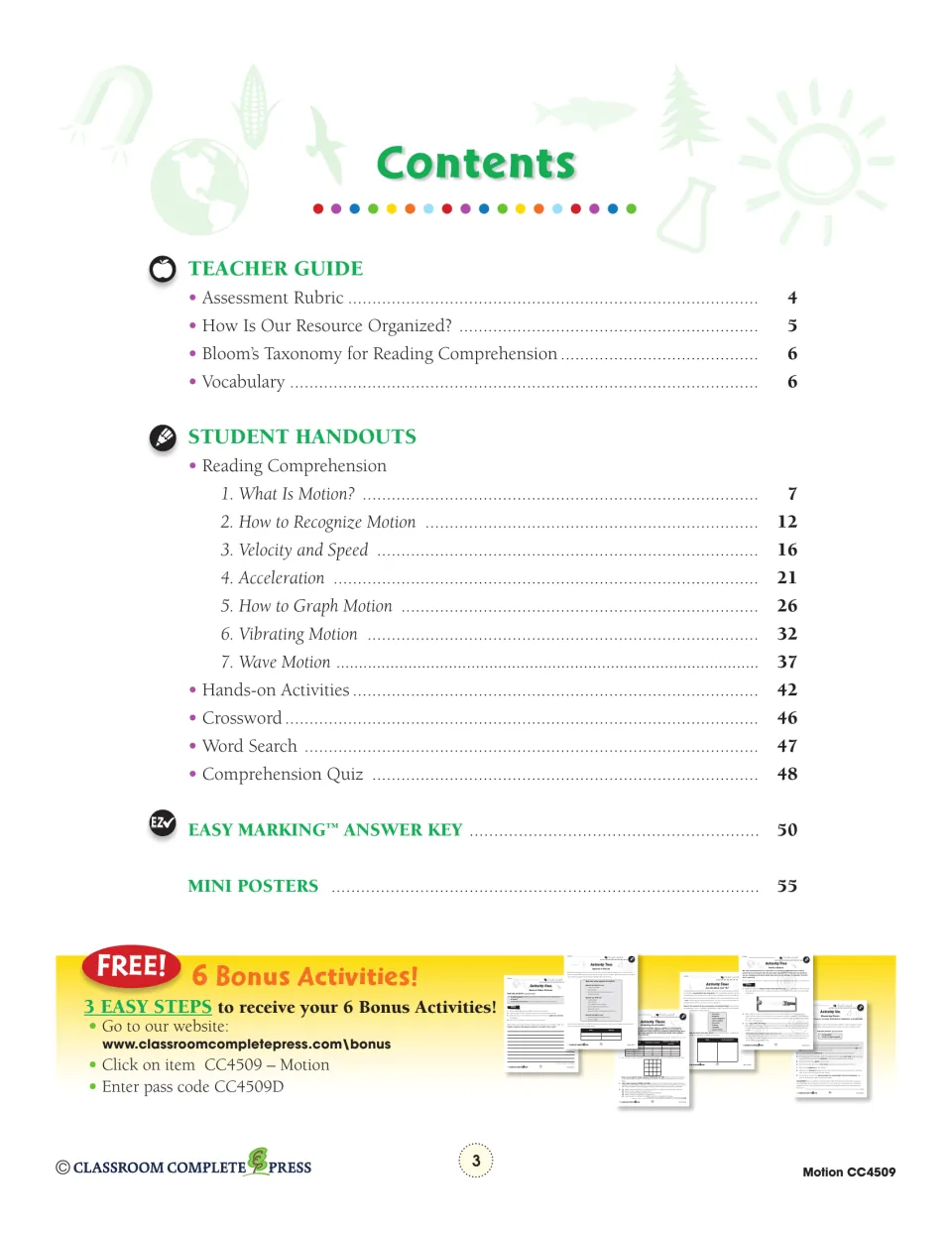 Contents lists the teacher guide, seven motion readings, hands-on activities, puzzles, quiz, and answer key
