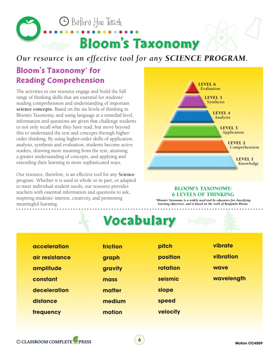 Teacher reference explains Bloom’s six thinking levels and lists motion vocabulary, including speed and velocity