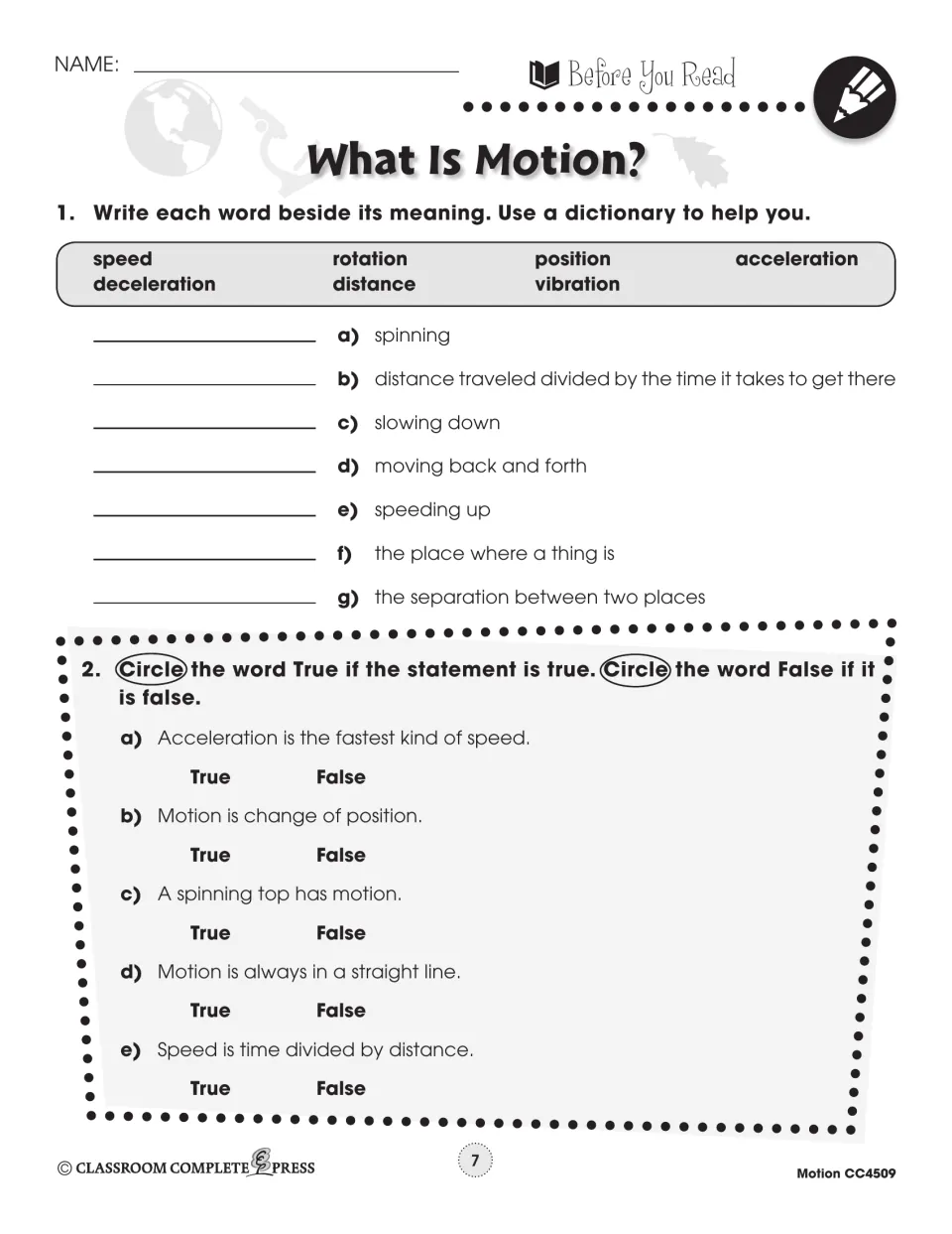 Before-reading activity for What Is Motion? matches seven vocabulary words and checks five true-or-false statements
