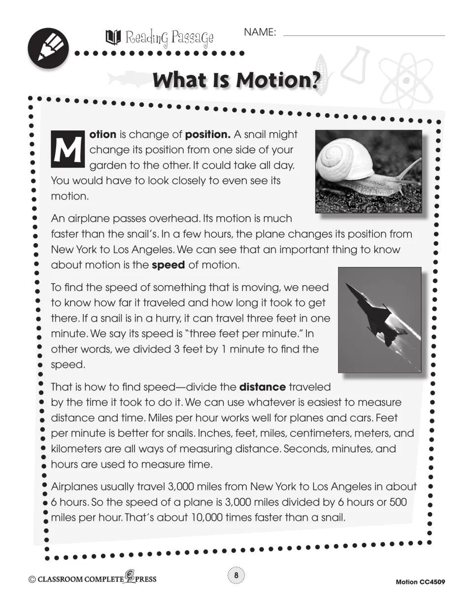 First What Is Motion? reading page defines motion and explains speed using snail and airplane travel examples