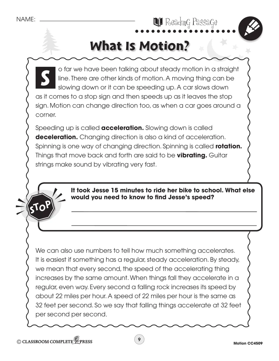 Second What Is Motion? reading page explains acceleration, deceleration, rotation, vibration, and falling objects