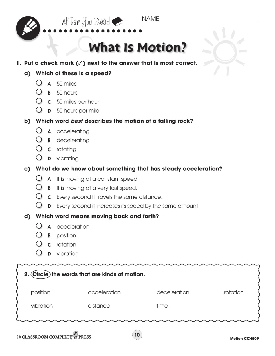 After-reading practice for What Is Motion? asks four multiple-choice questions and identifies kinds of motion