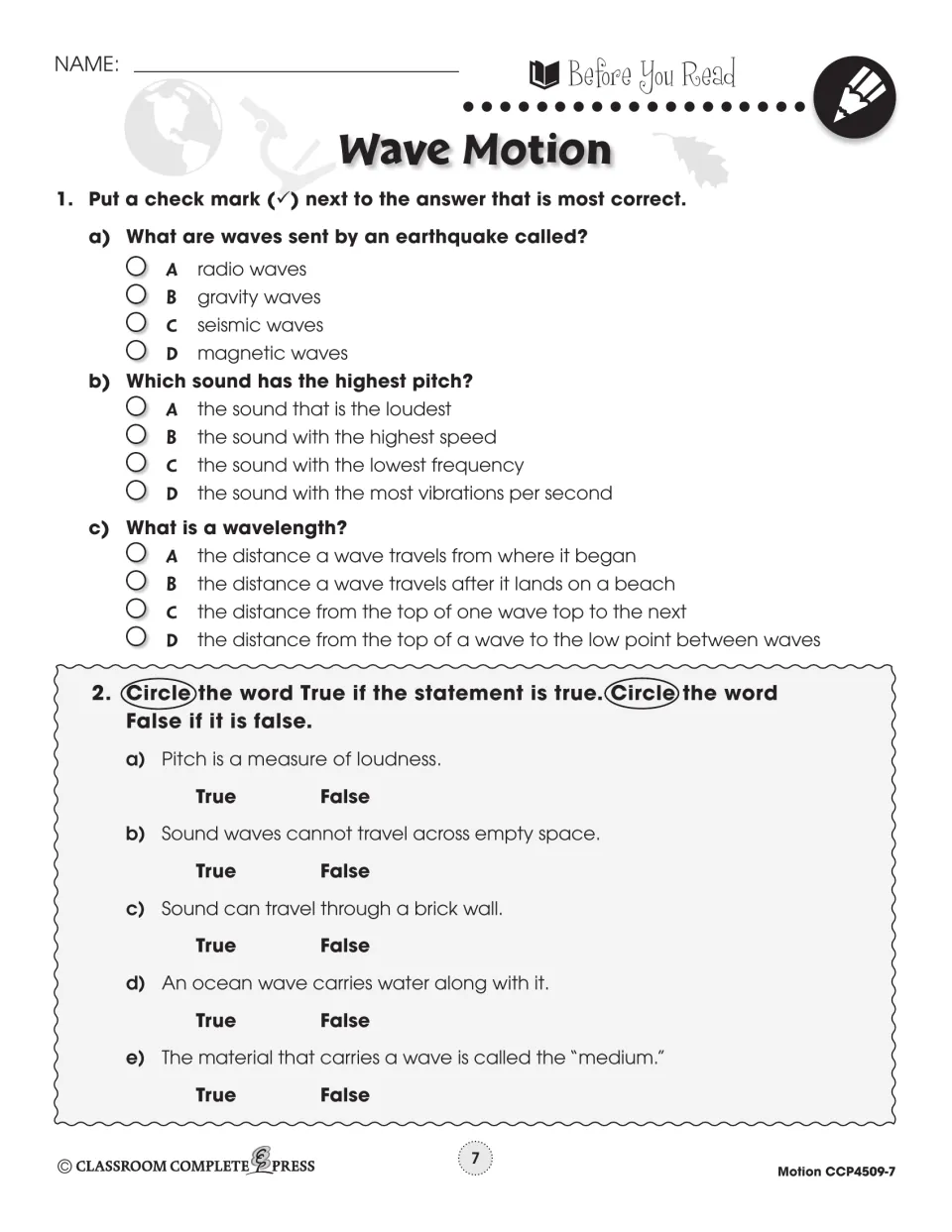 Before You Read: multiple choice on seismic waves, pitch and wavelength, and five true/false statements