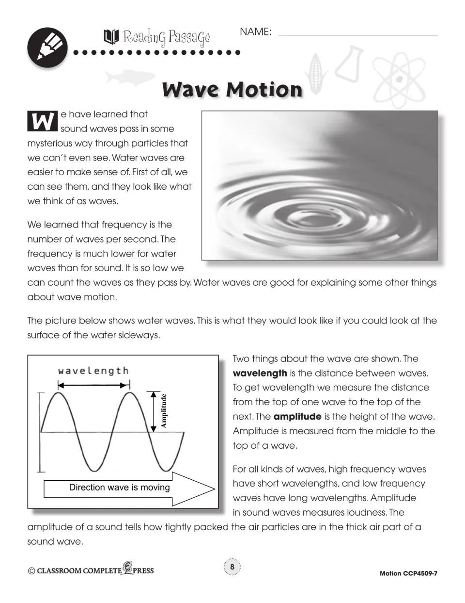 Reading passage part 1: water waves and frequency, with a labeled diagram of wavelength, amplitude and direction