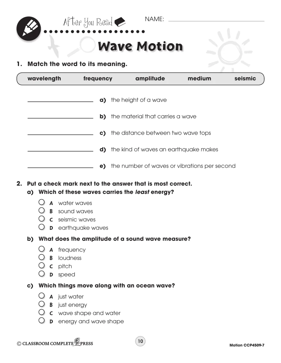 After You Read: match five wave terms such as amplitude and medium to meanings, and three multiple-choice questions