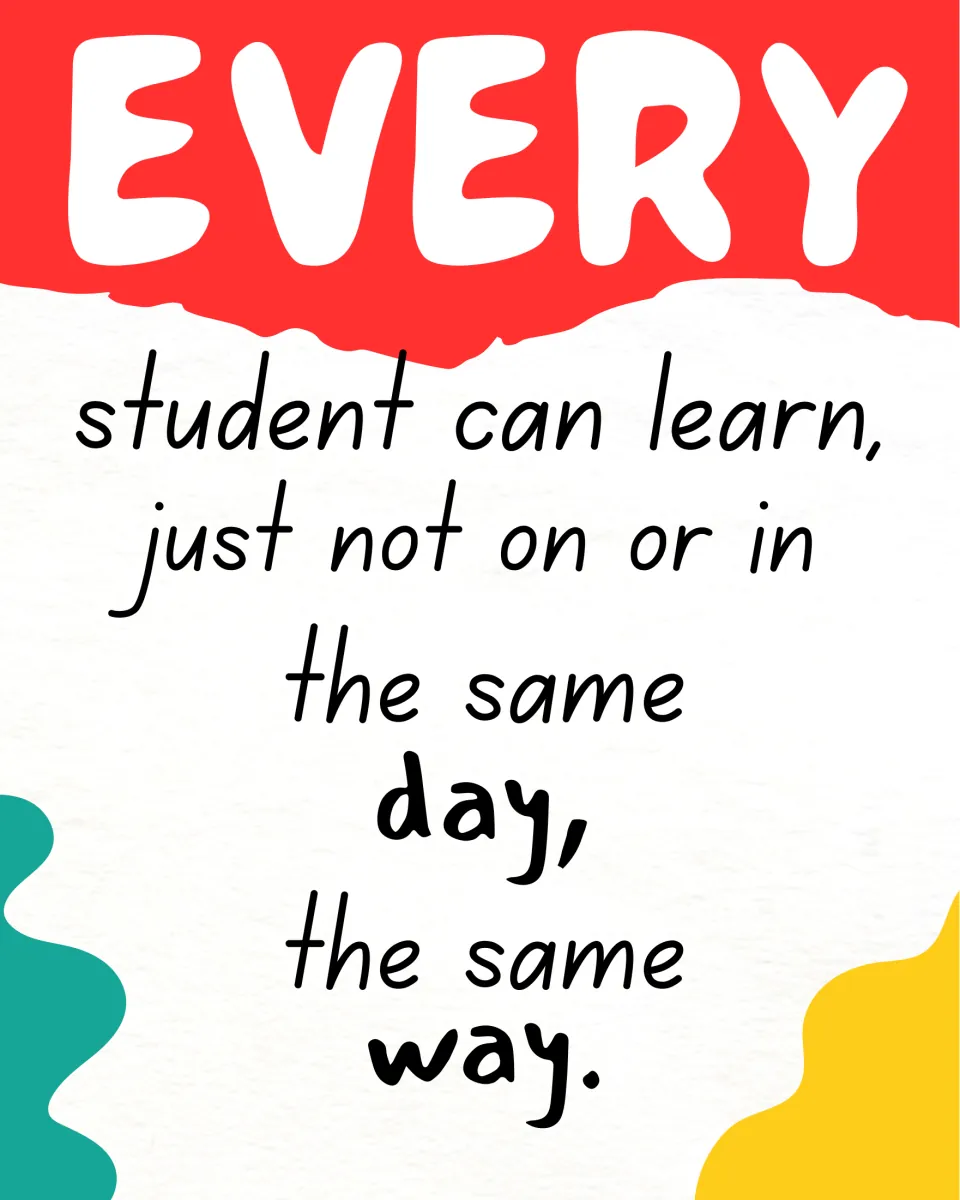 Quote "Every student can learn, just not on or in the same day, the same way" under a red banner