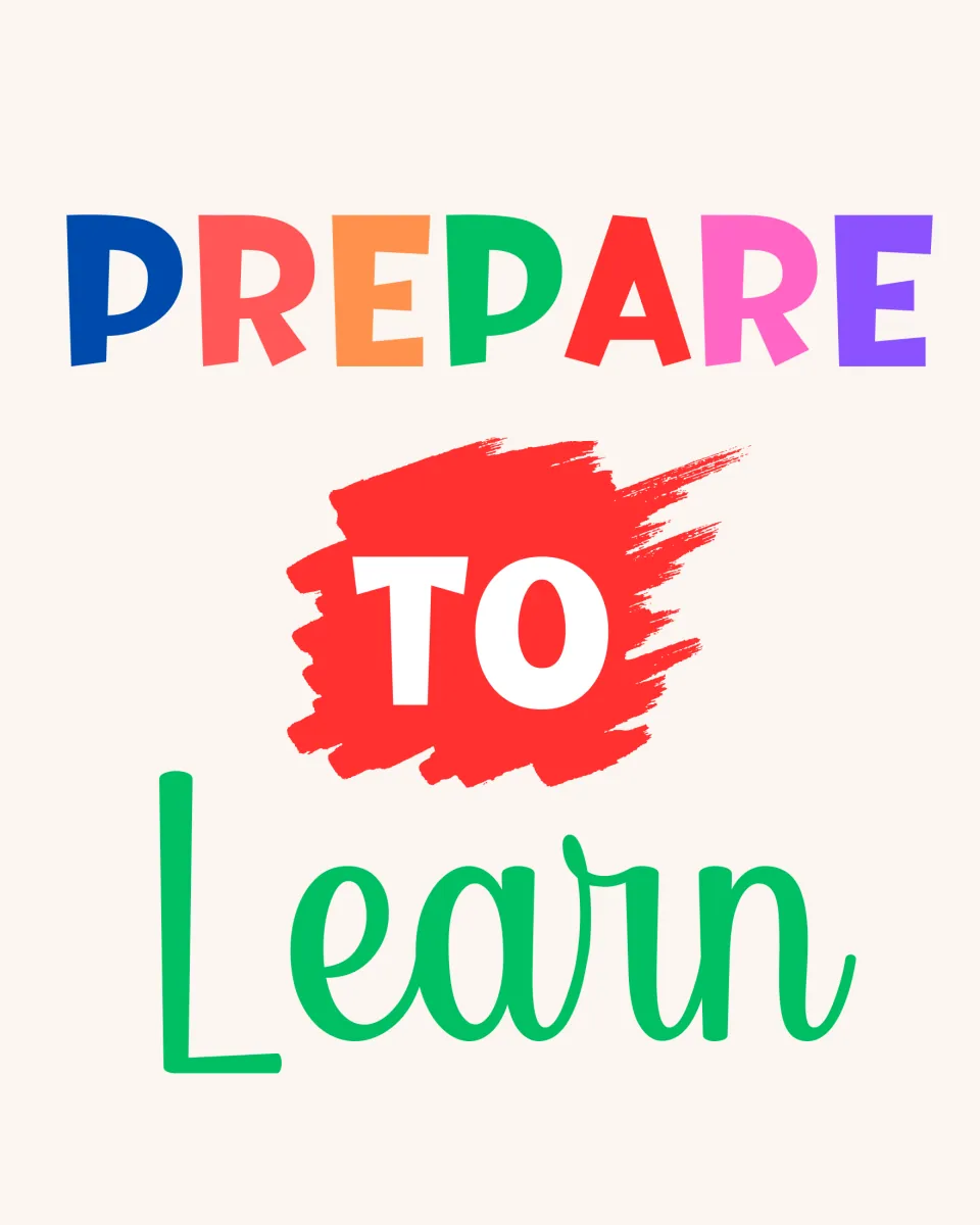 Motivational quote poster reading "Prepare to Learn" in rainbow capitals, with "to" in white on a red paint swipe