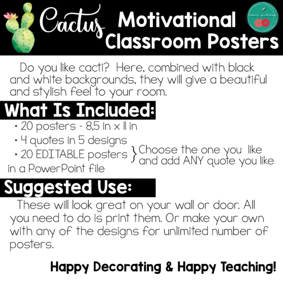 Cactus posters overview listing 20 posters, 4 quotes in 5 designs and 20 editable PowerPoint posters for any quote