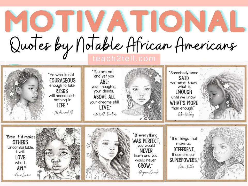 Cover: Motivational Quotes by Notable African Americans, showing six quote posters by Ali, Du Bois, Holiday and others