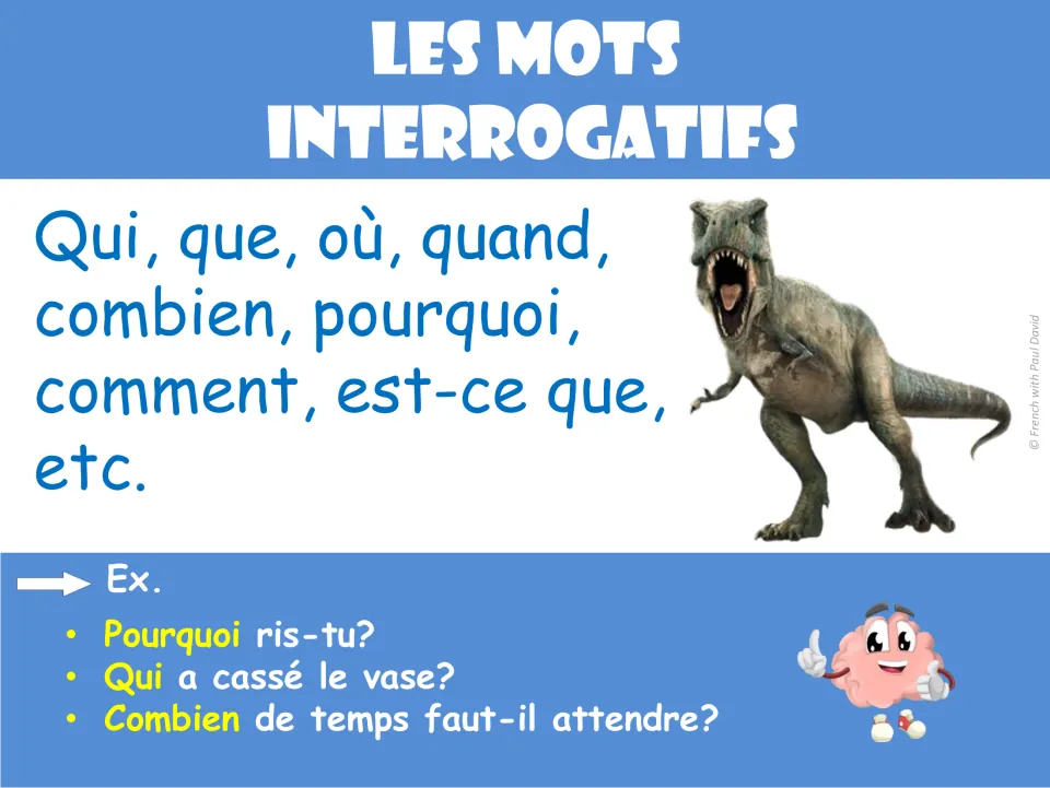 French question-word poster: qui (who), où (where), quand (when), pourquoi (why), and example questions