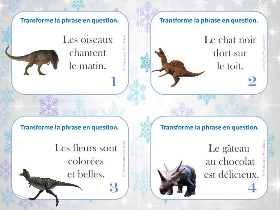 French task cards 1–4: turn statements about singing birds, a black cat, flowers, and cake into questions