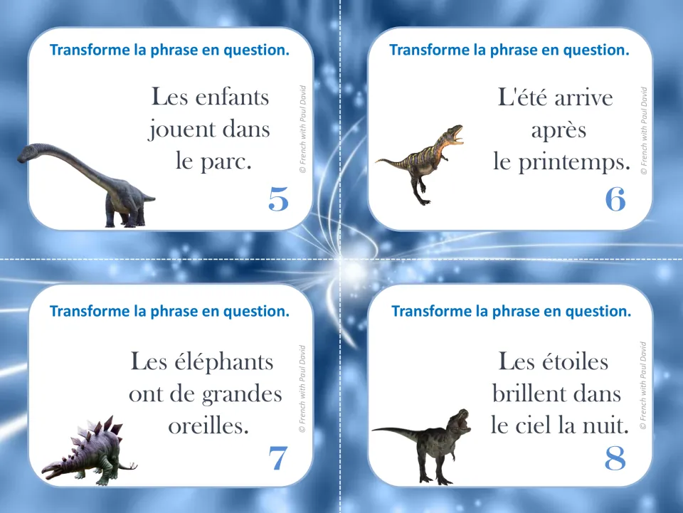 French task cards 5–8: turn statements about children playing, summer, elephants, and stars into questions